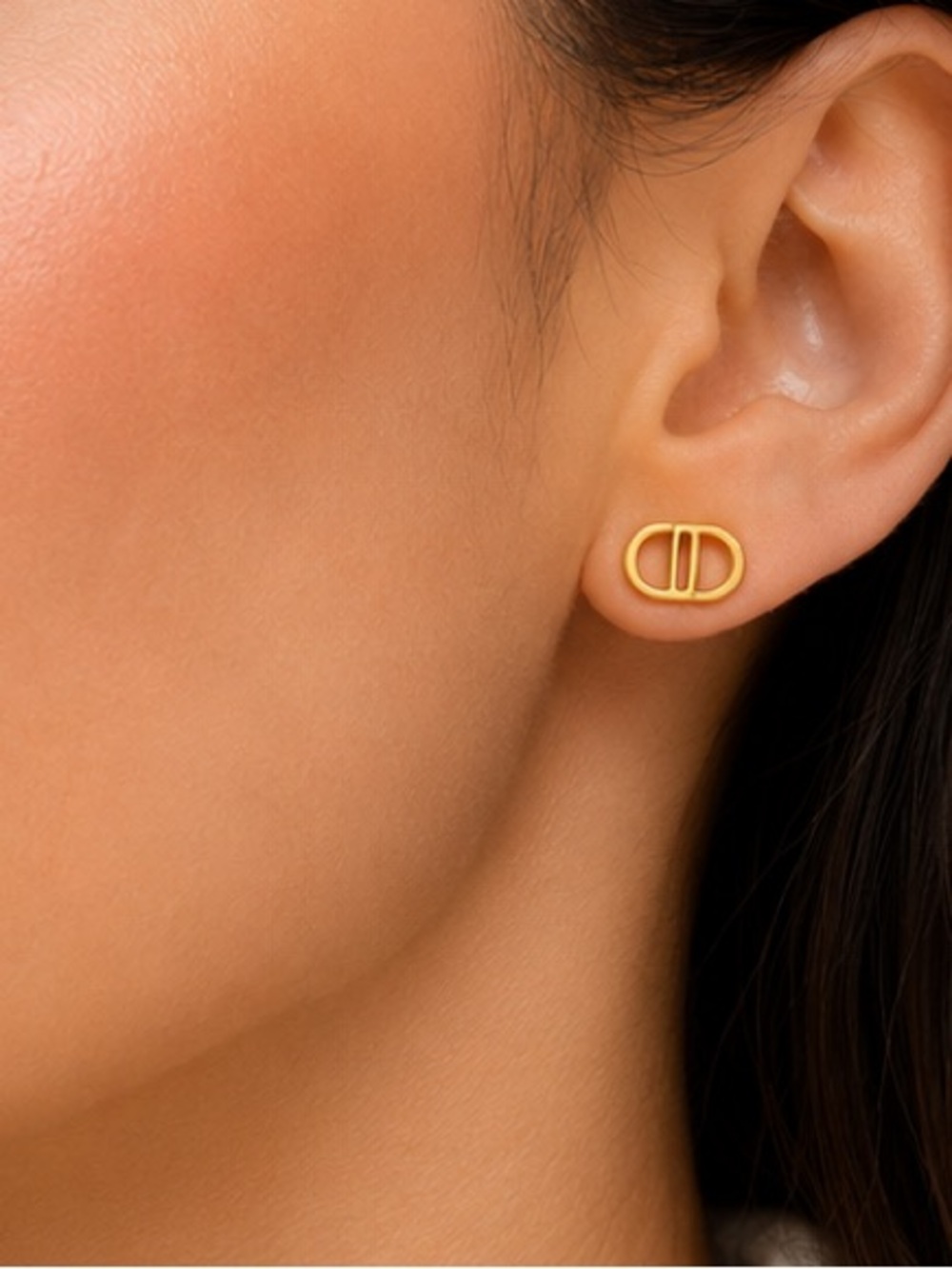 Gold Designer-Inspired Logo Stud Earrings | Minimalist Luxe Chic - Picture 6 of 6
